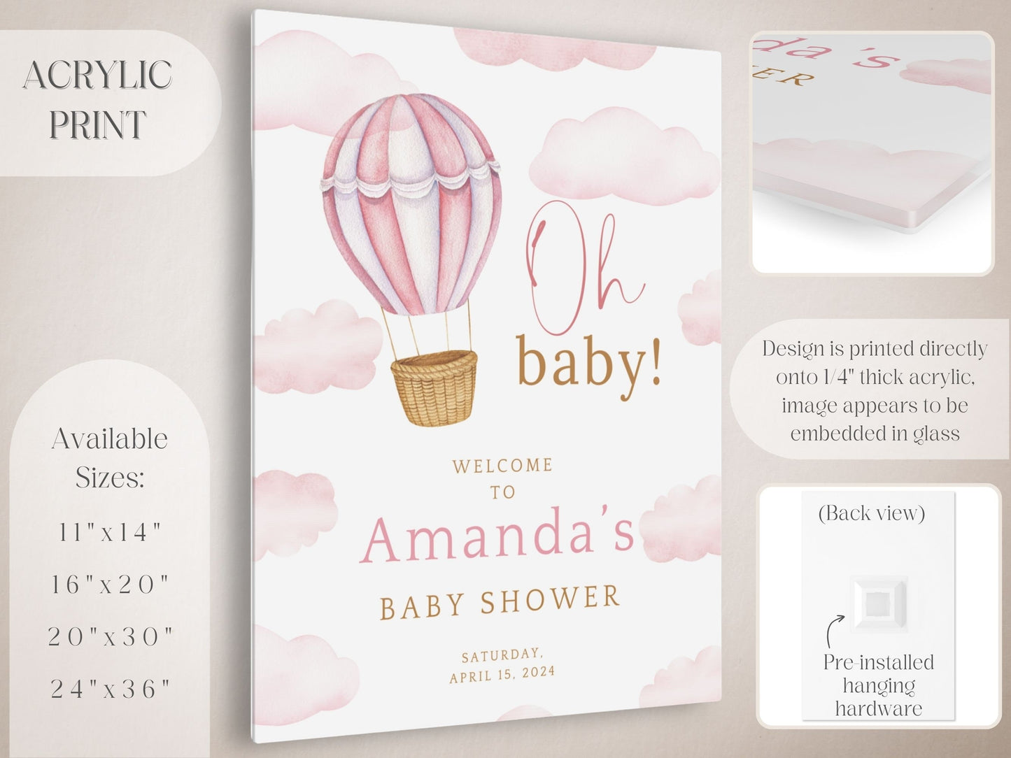 "Oh Baby!" Pink Hot Air Balloon Baby Shower Welcome Sign - Magnolia Dane Co.