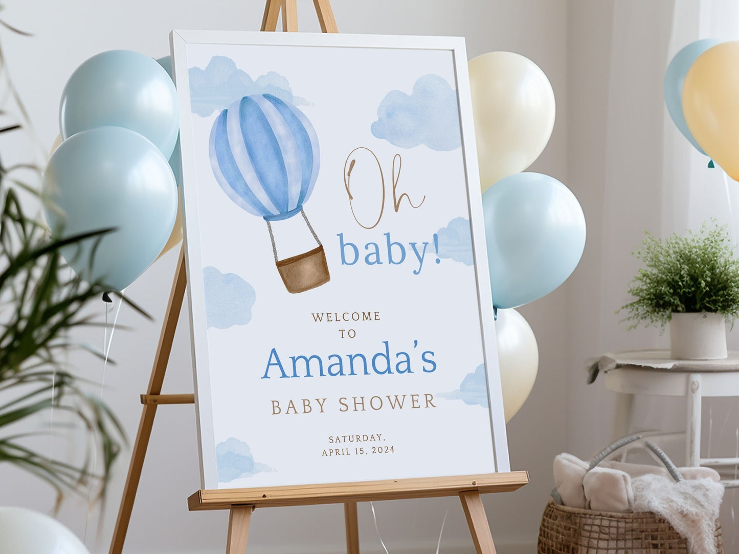 "Oh Baby!" Blue Hot Air Balloon Baby Shower Welcome Sign - Magnolia Dane Co.