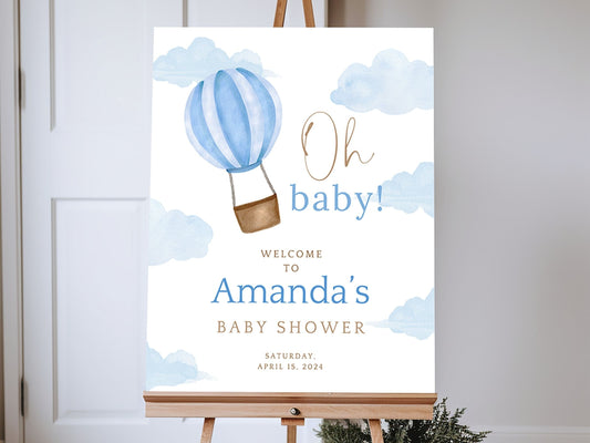 "Oh Baby!" Blue Hot Air Balloon Baby Shower Welcome Sign - Magnolia Dane Co.