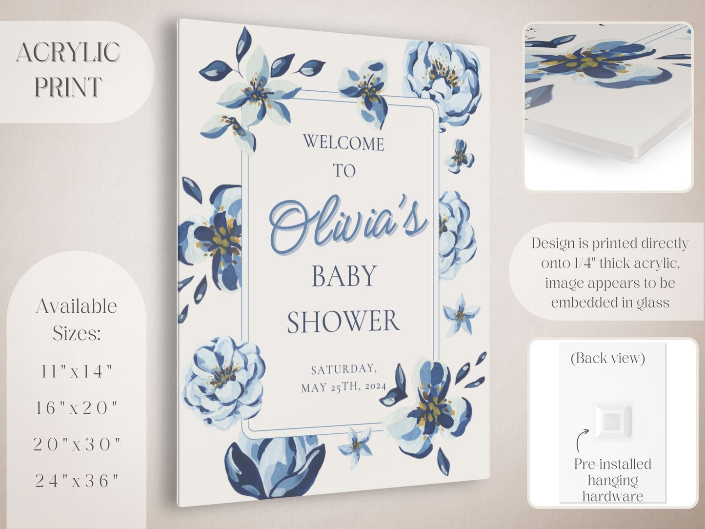 Navy Blue Florals Baby Shower Welcome Sign - Magnolia Dane Co.