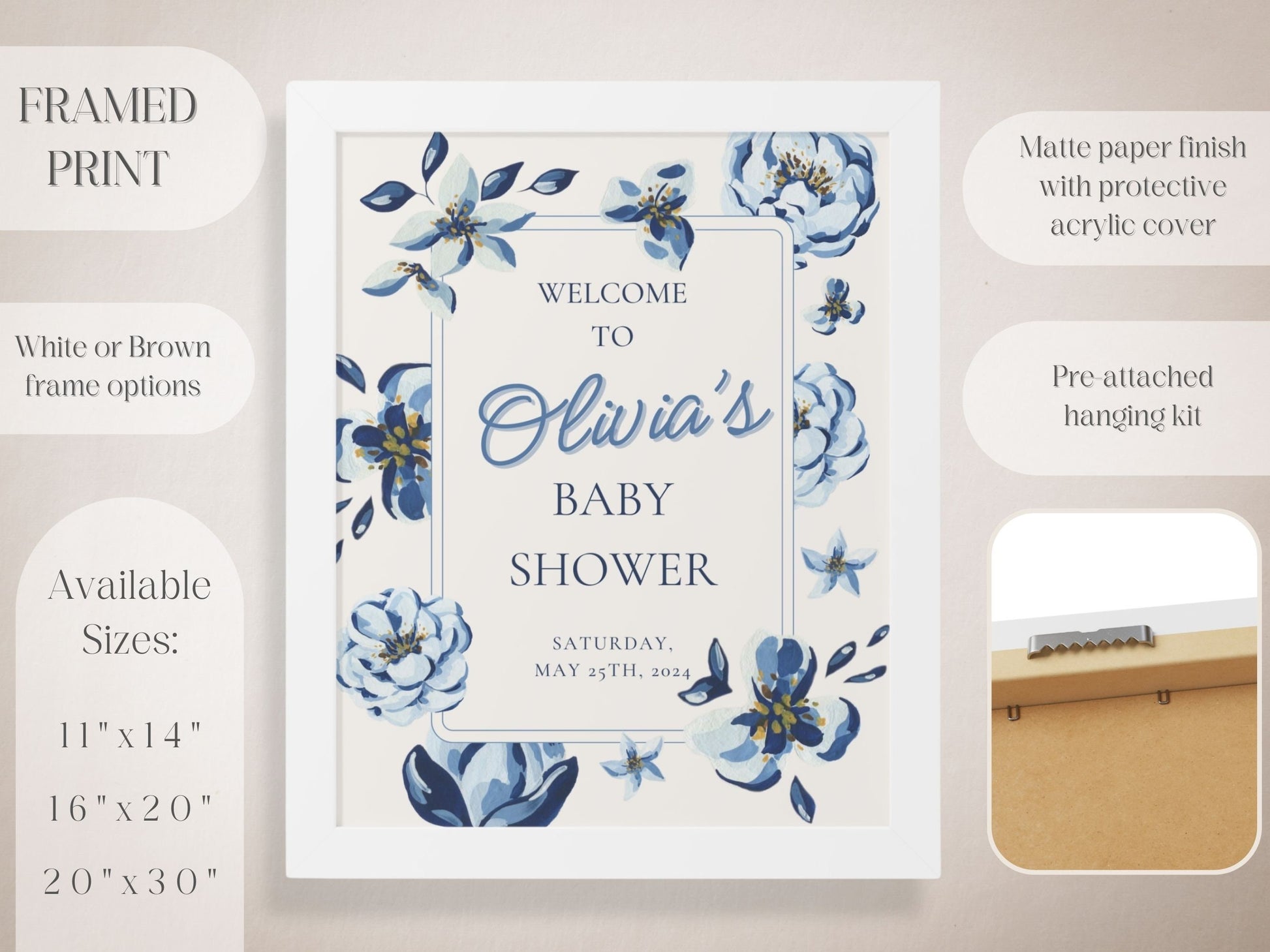 Navy Blue Florals Baby Shower Welcome Sign - Magnolia Dane Co.