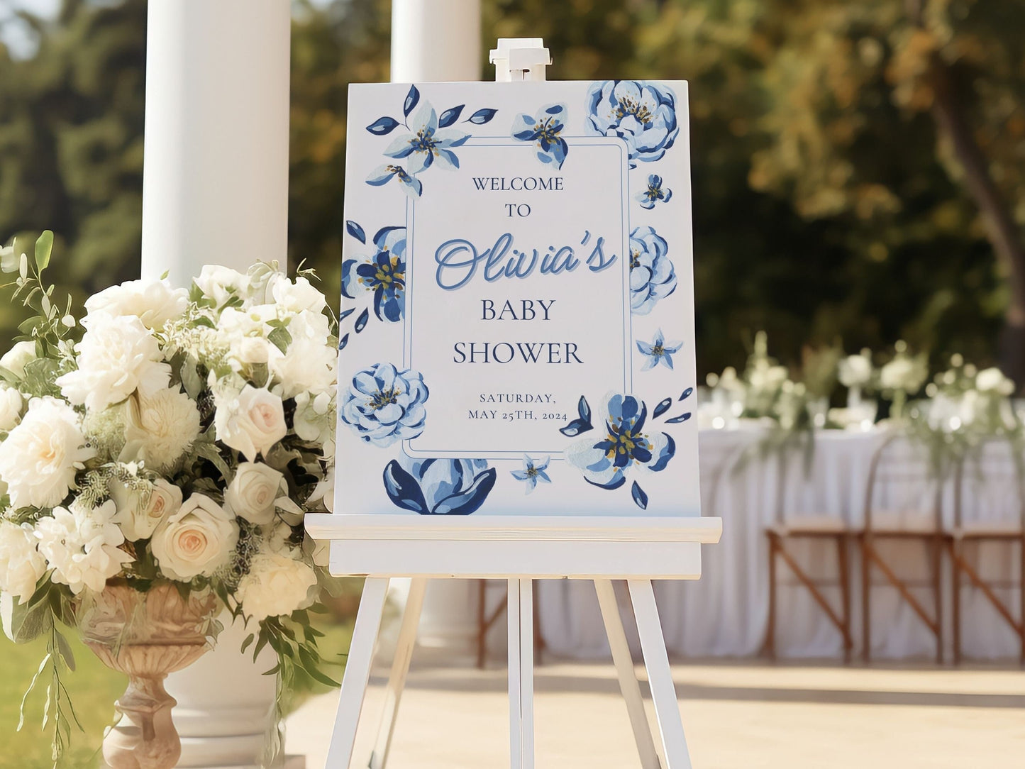 Navy Blue Florals Baby Shower Welcome Sign - Magnolia Dane Co.