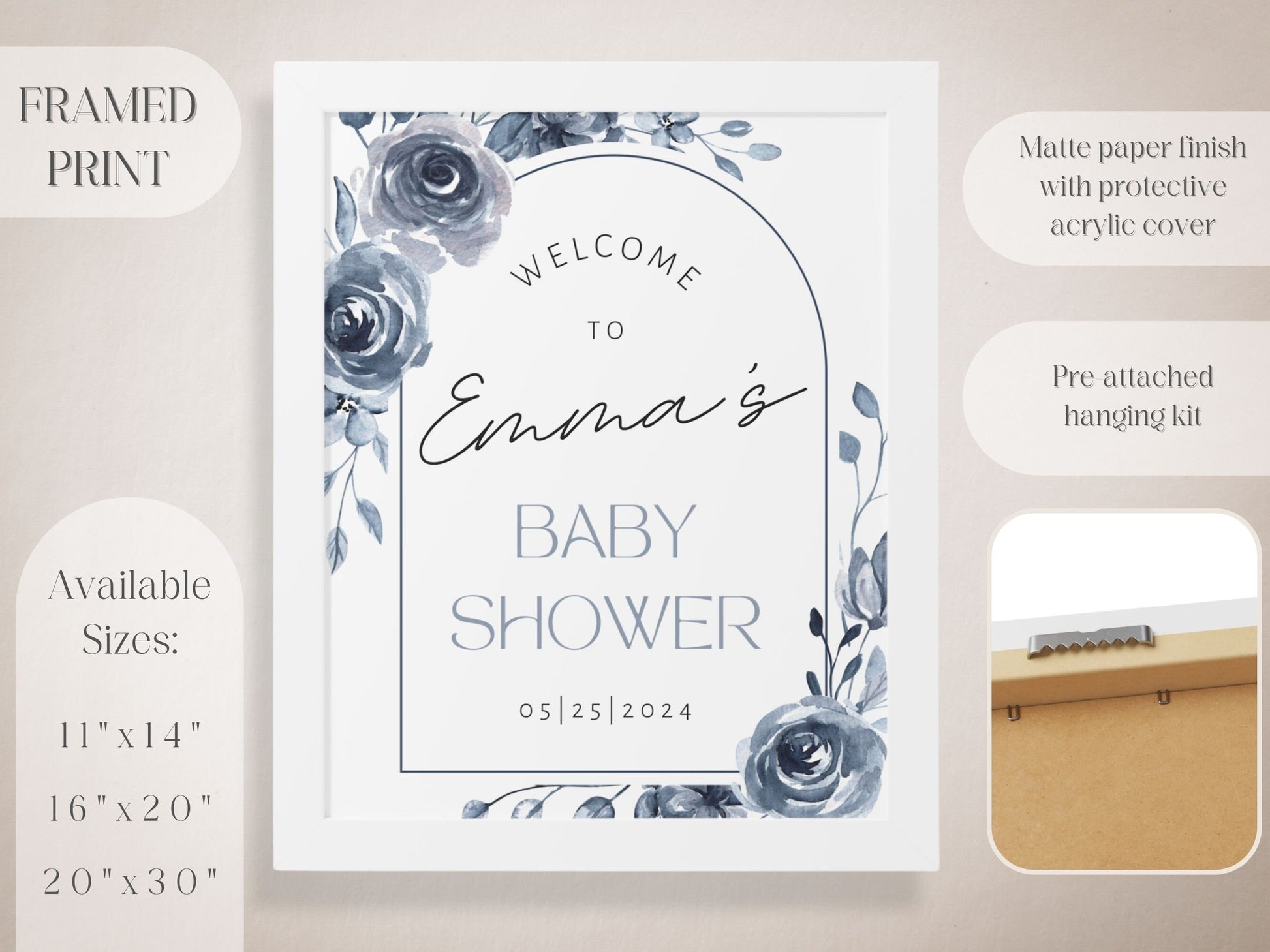 Blue Vintage Floral Baby Shower Welcome Sign - Magnolia Dane Co.