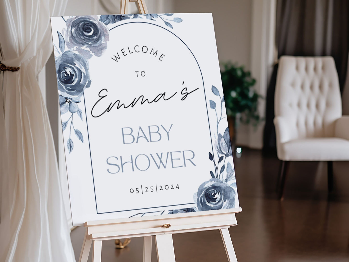 Blue Vintage Floral Baby Shower Welcome Sign - Magnolia Dane Co.