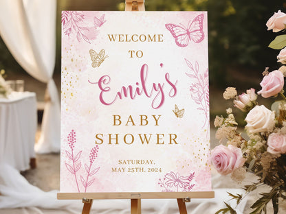 Whimsical Pink Butterfly Baby Shower Welcome Sign - Magnolia Dane Co.