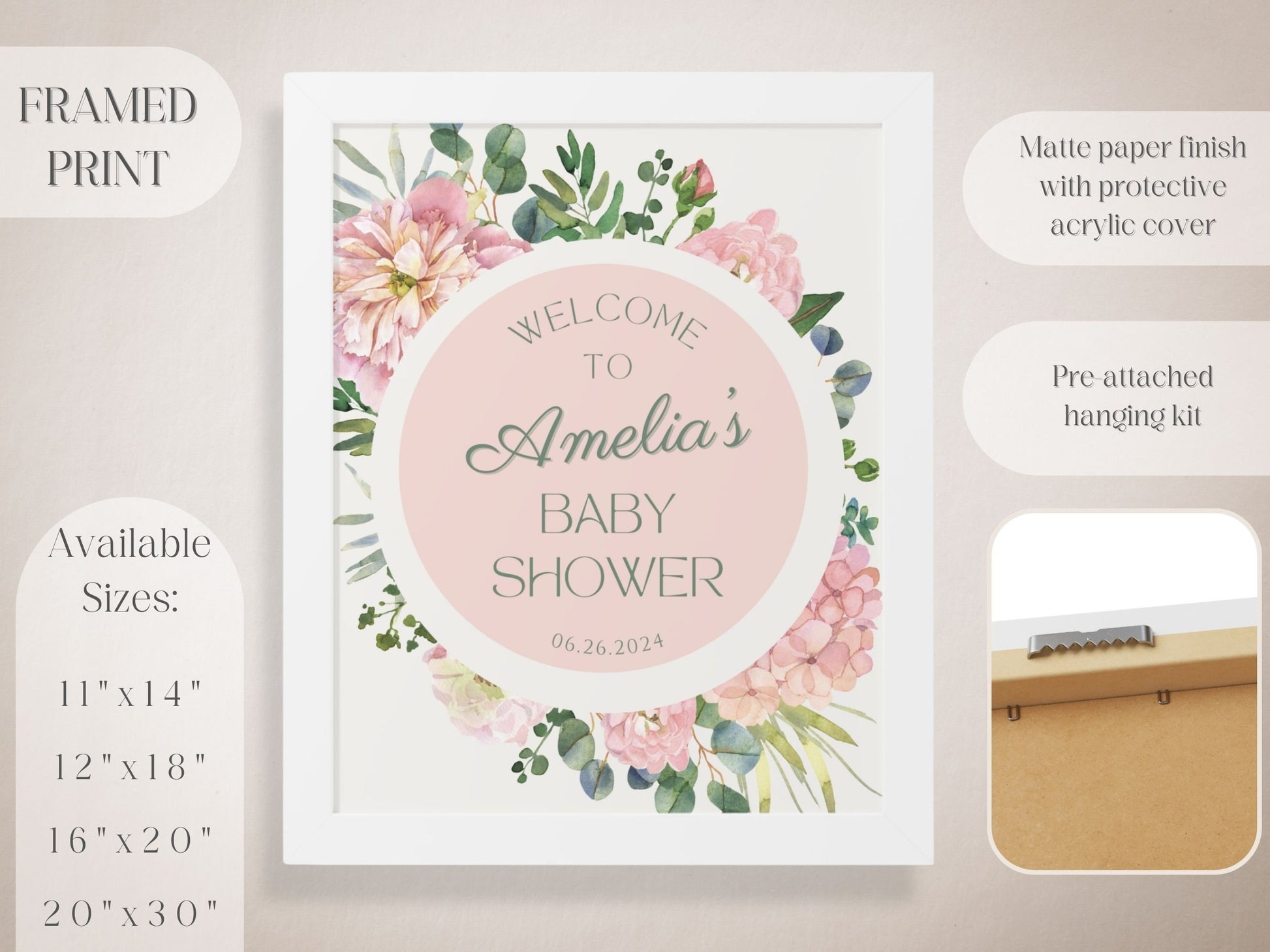 Round Pink Floral Baby Shower Welcome Sign - Magnolia Dane Co.