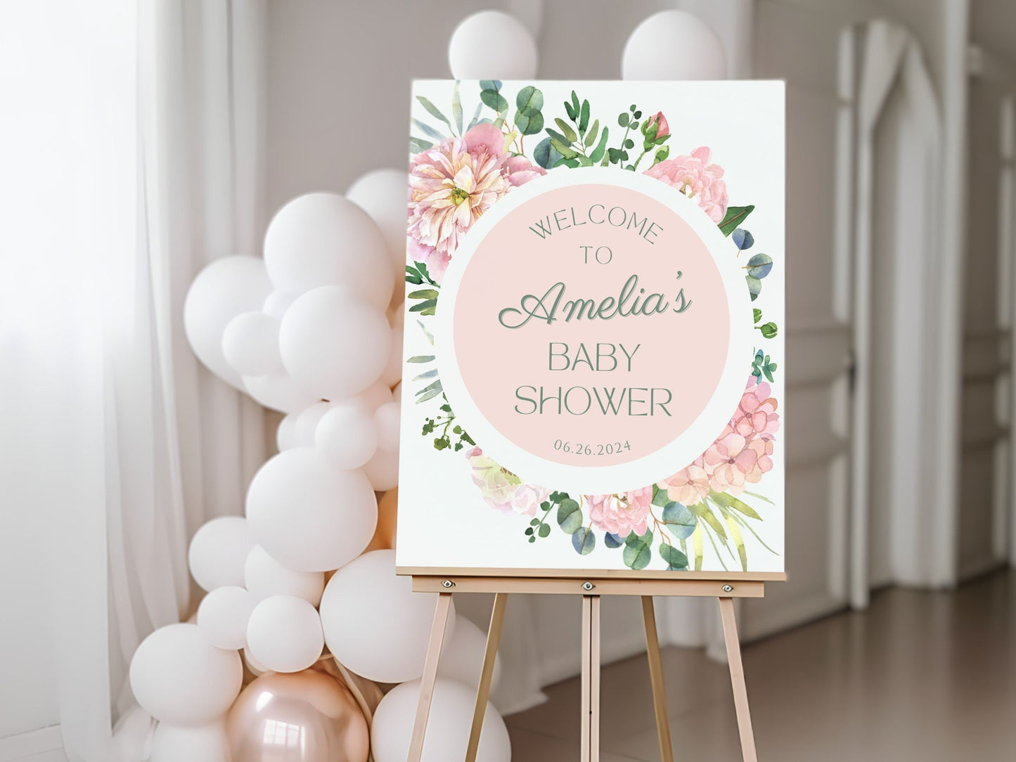 Round Pink Floral Baby Shower Welcome Sign - Magnolia Dane Co.