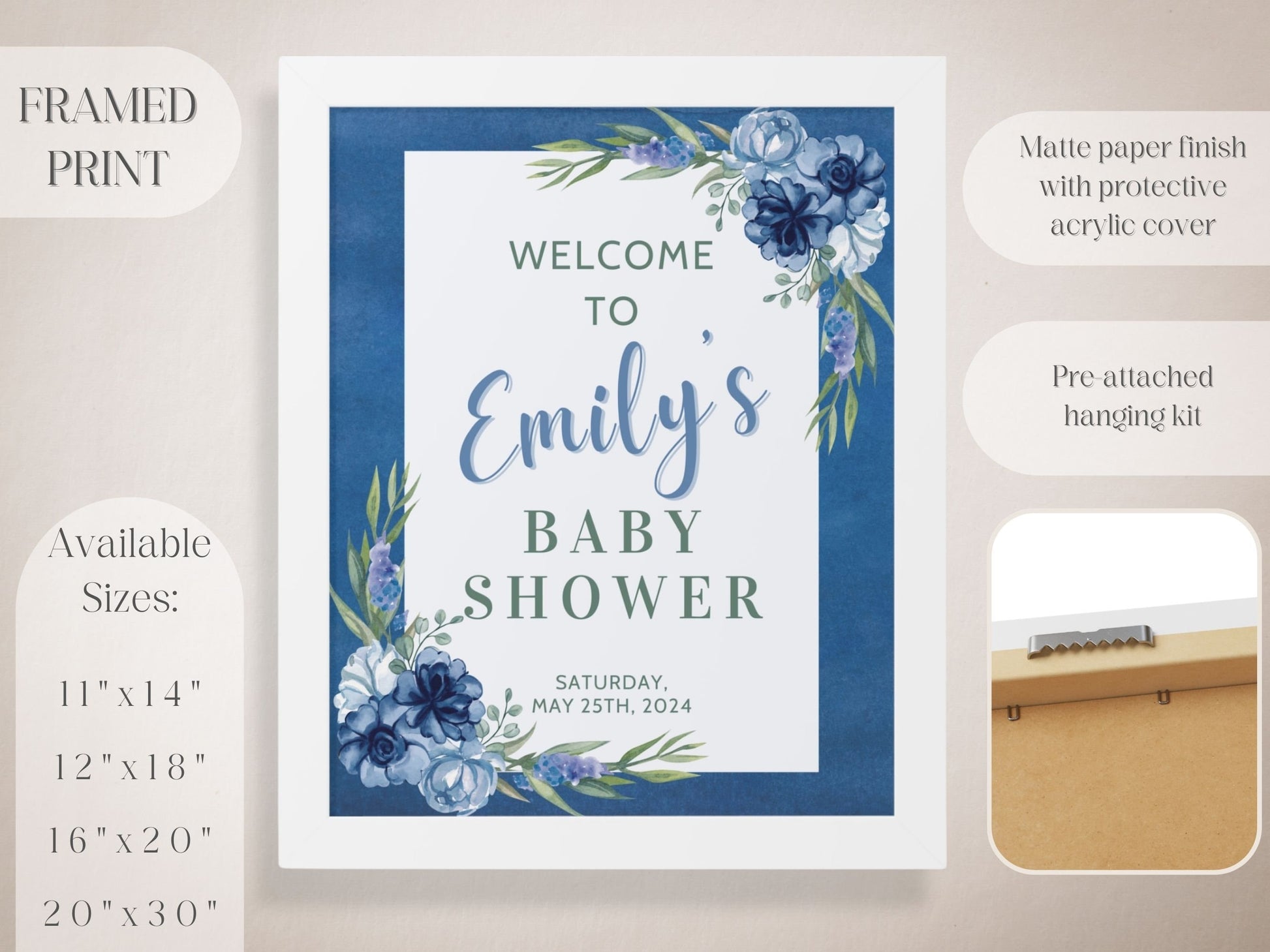 Navy Floral Baby Shower Welcome Sign - Magnolia Dane Co.