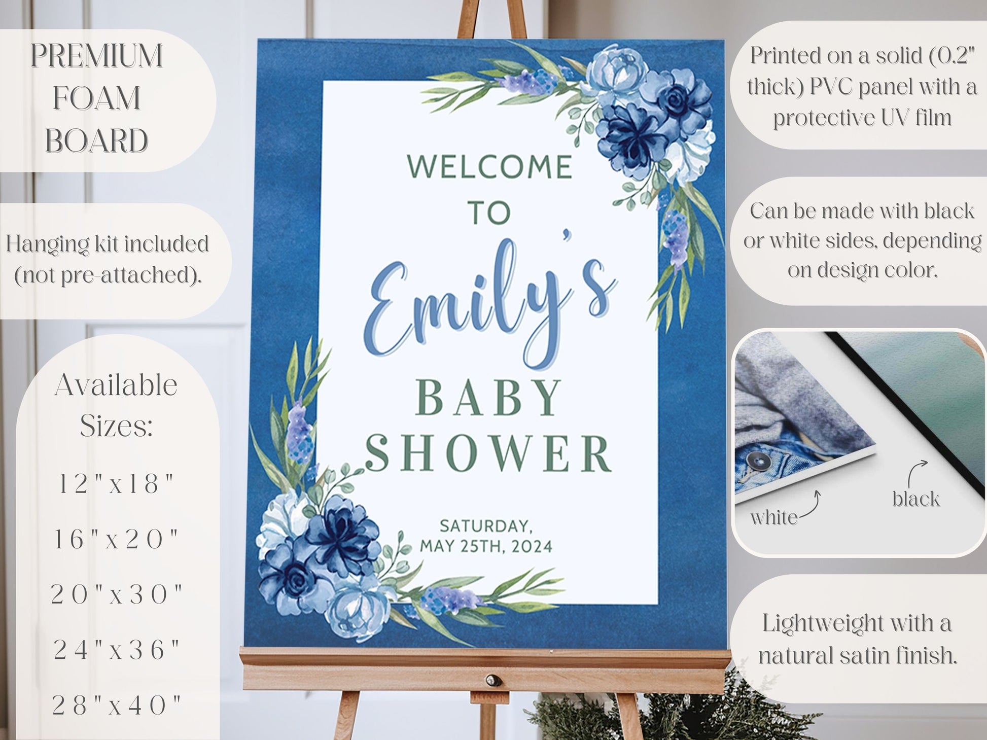 Navy Floral Baby Shower Welcome Sign - Magnolia Dane Co.