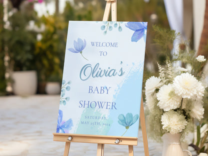 Simple Blue Floral Baby Shower Welcome Sign - Magnolia Dane Co.