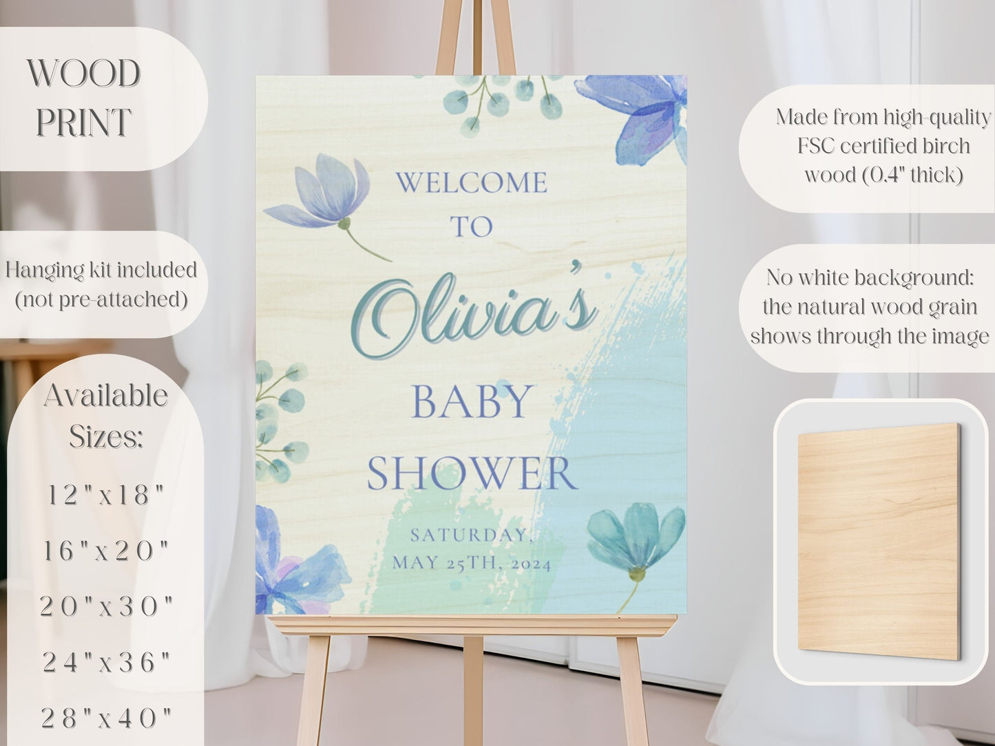 Simple Blue Floral Baby Shower Welcome Sign - Magnolia Dane Co.