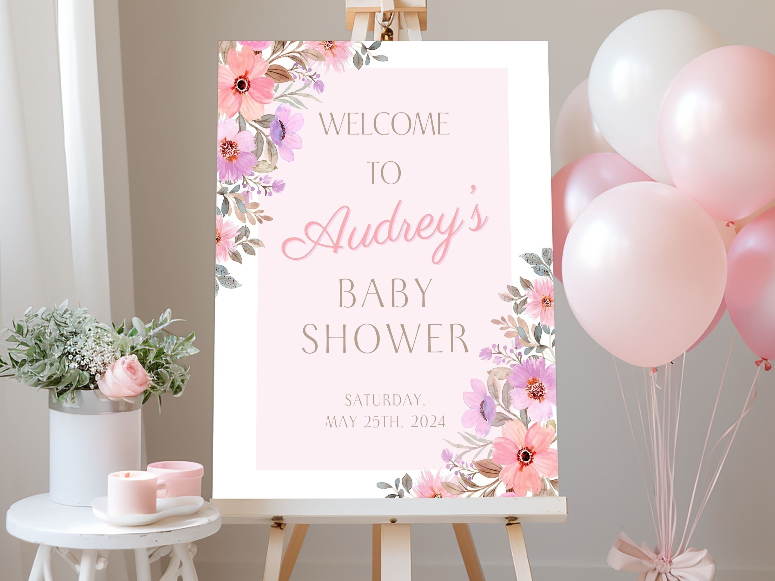 Acrylic Welcome Sign, Boho Floral Baby Shower Sign, Painted Background 2024 White Pink, Personalized Baby Shower Sign