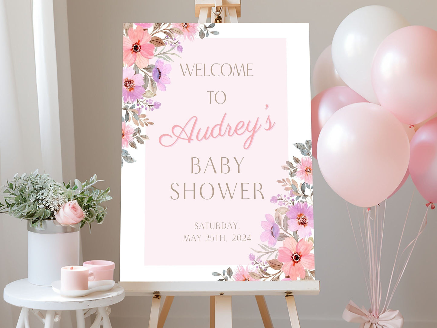 Pink Floral Baby Shower Welcome Sign - Magnolia Dane Co.