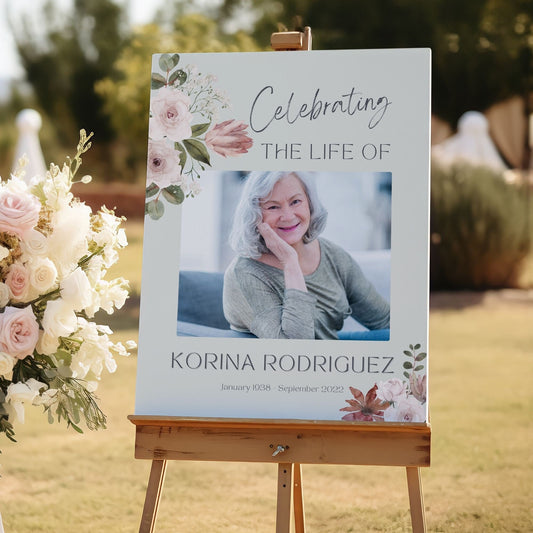 Delicate Floral Custom Photo Celebration of Life Welcome Sign - Magnolia Dane Co.