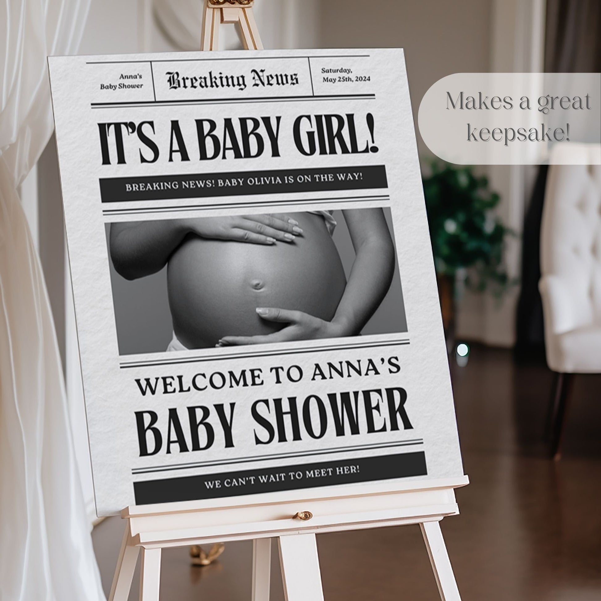 "It's a Baby Girl!" Newspaper Themed Baby Shower Welcome Sign - Magnolia Dane Co.