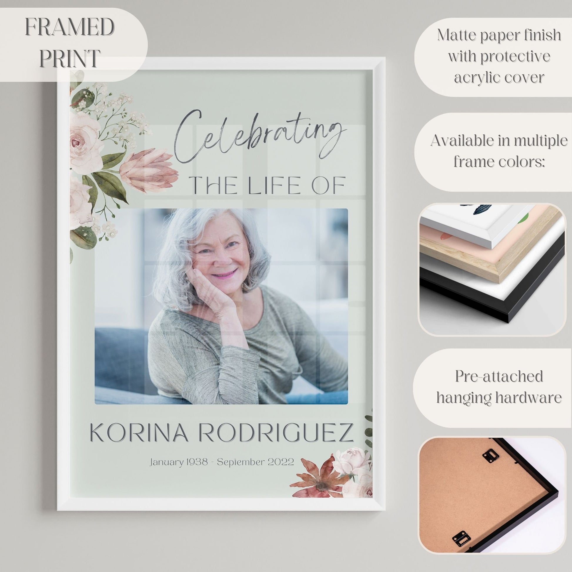 Delicate Floral Custom Photo Celebration of Life Welcome Sign - Magnolia Dane Co.