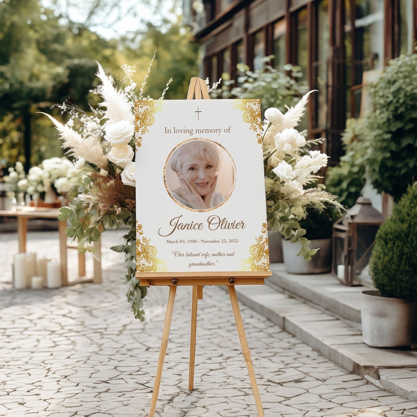 Gold Lace Custom Photo Celebration of Life Welcome Sign - Magnolia Dane Co.