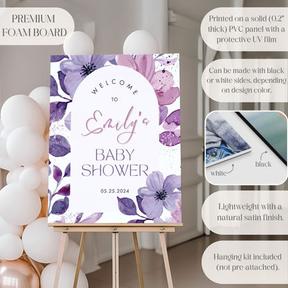 Purple Floral Baby Shower Welcome Sign