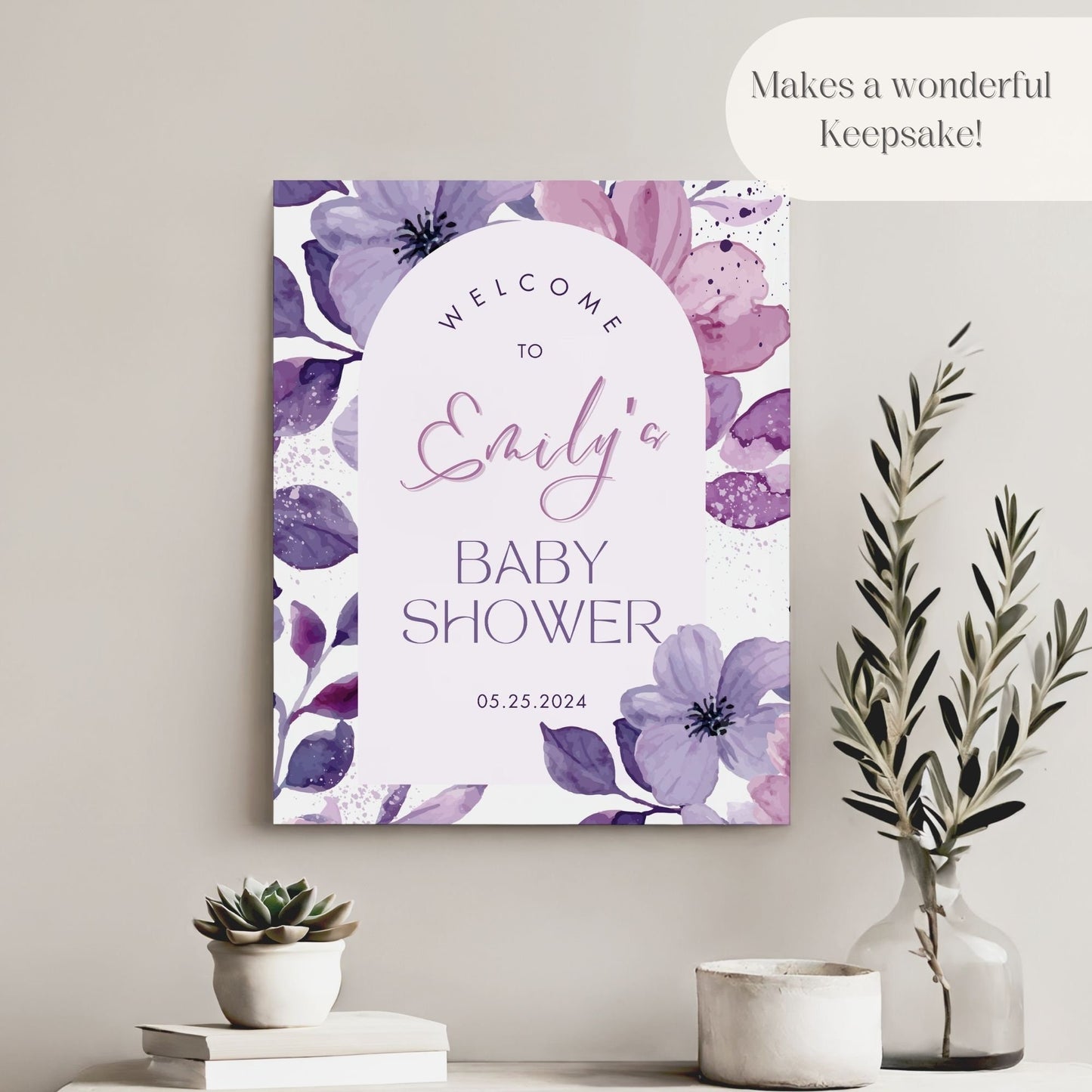 Purple Floral Baby Shower Welcome Sign