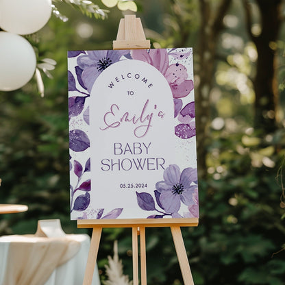 Purple Floral Baby Shower Welcome Sign