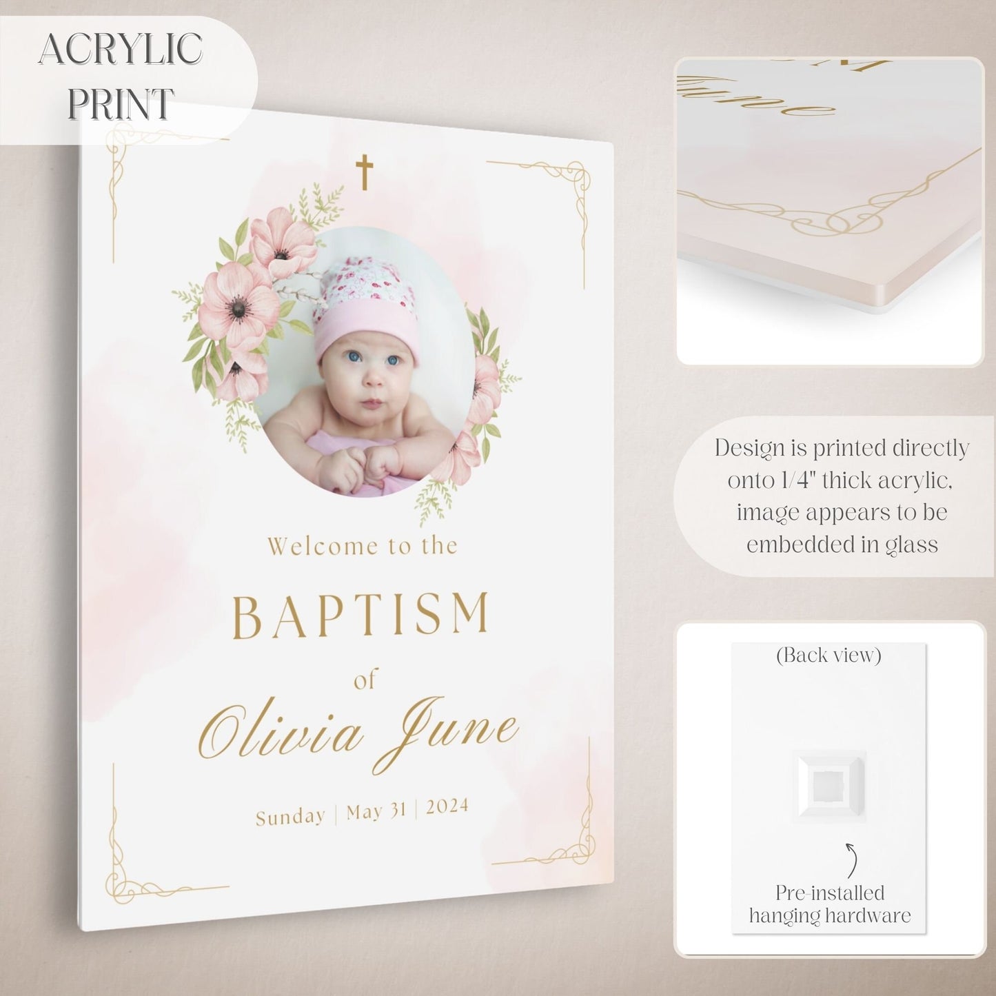 Pink Floral Photo Baptism Welcome Sign - Magnolia Dane Co.