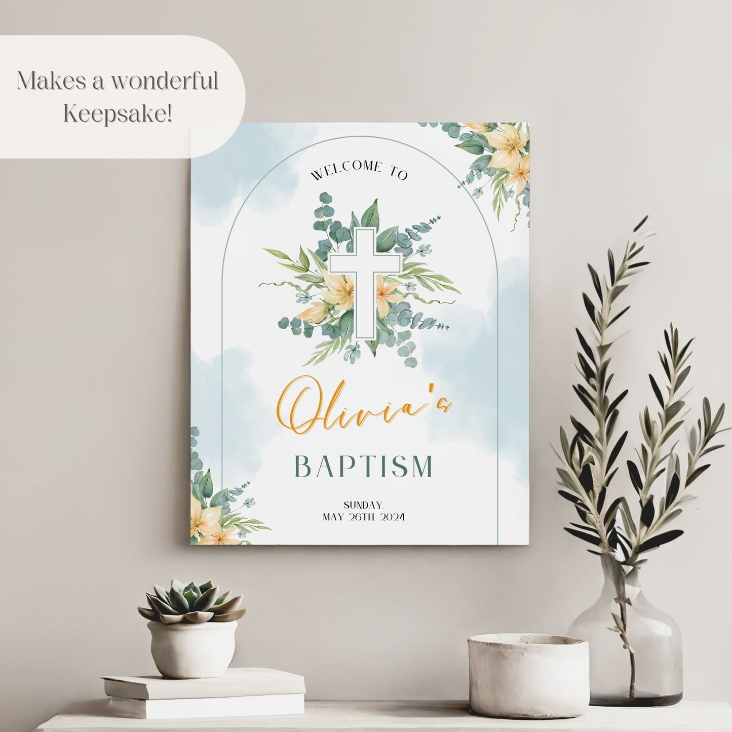 Gender Neutral Floral Cross Baptism Welcome Sign - Magnolia Dane Co.