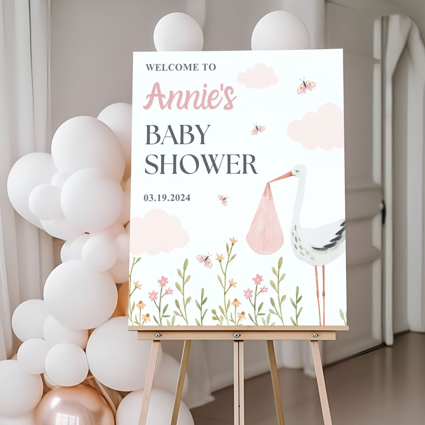 Pink Stork Baby Shower Welcome Sign - Magnolia Dane Co.