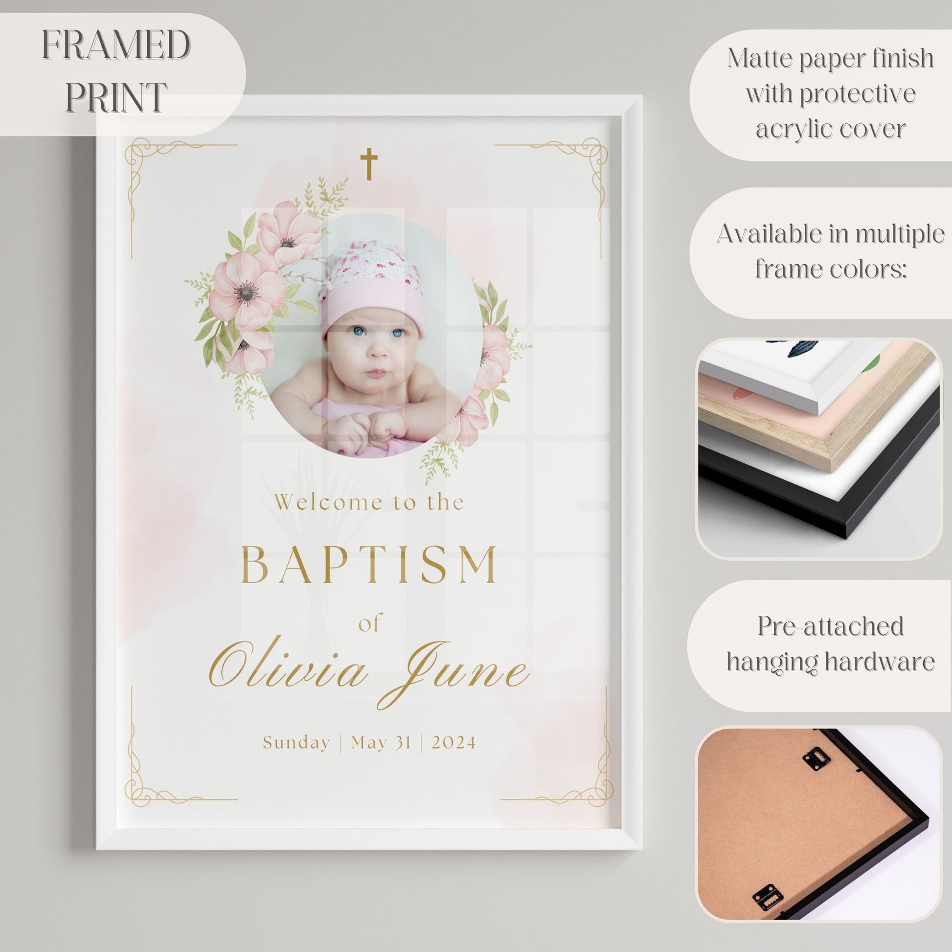 Pink Floral Photo Baptism Welcome Sign - Magnolia Dane Co.