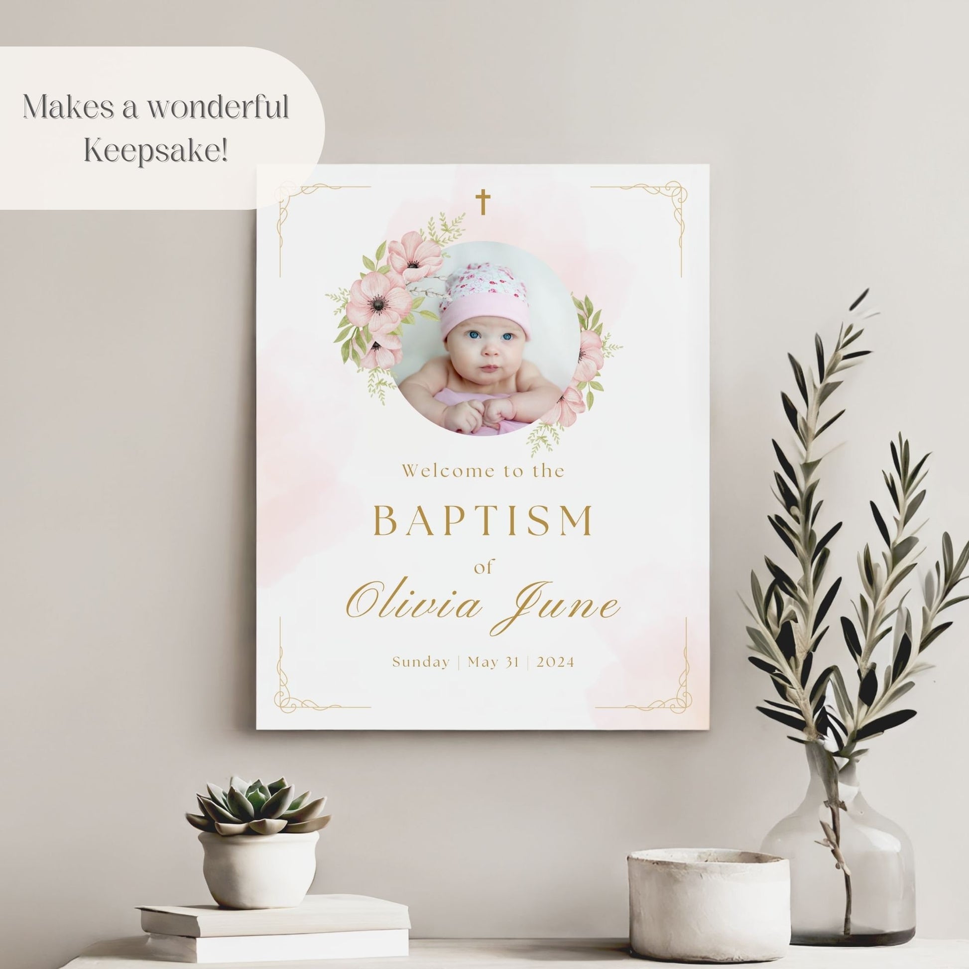 Pink Floral Photo Baptism Welcome Sign - Magnolia Dane Co.