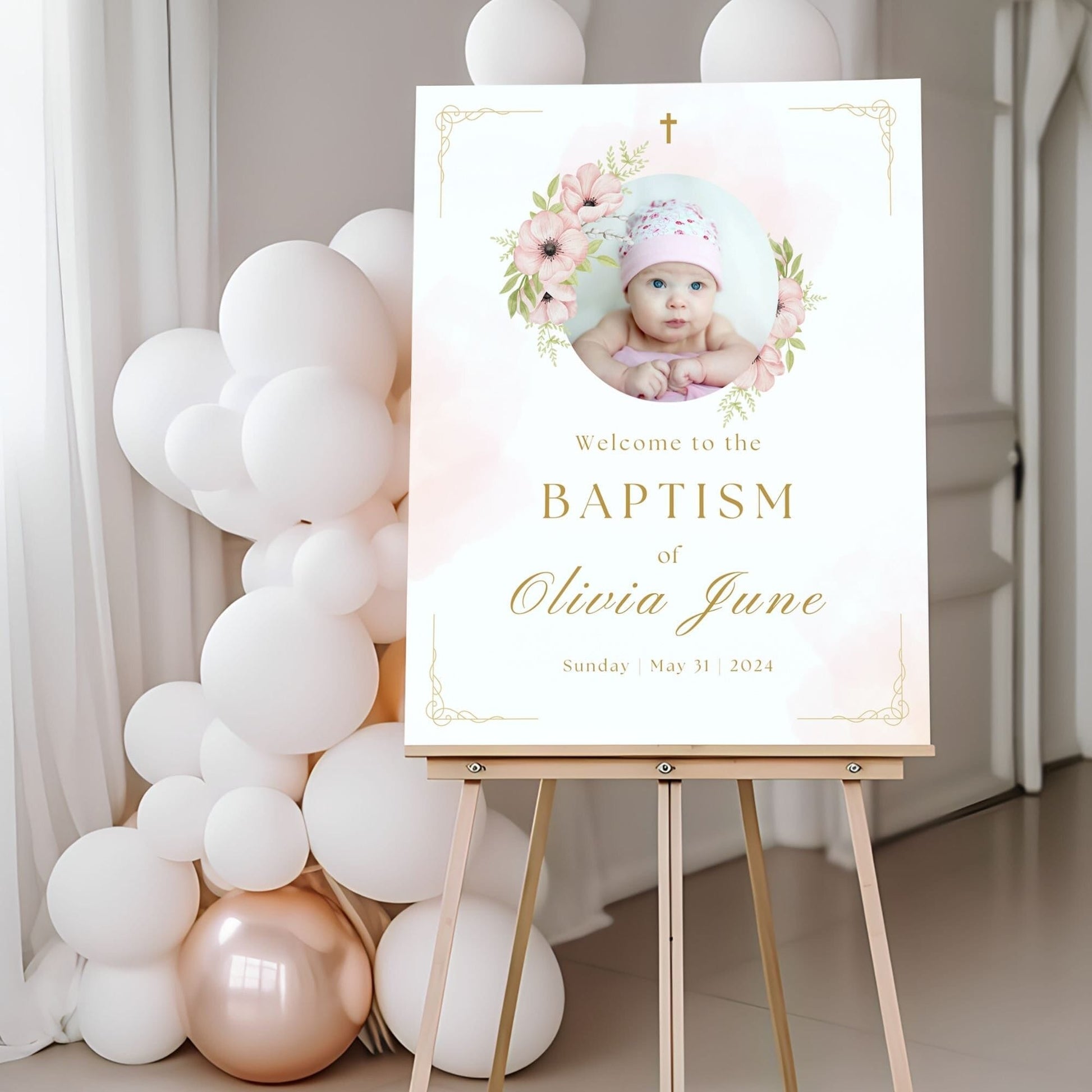 Pink Floral Photo Baptism Welcome Sign - Magnolia Dane Co.