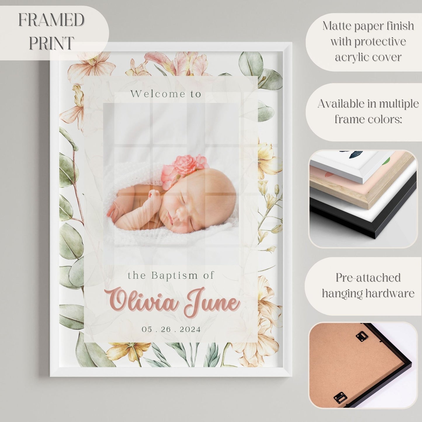 Modern Floral Photo Baptism Welcome Sign - Magnolia Dane Co.