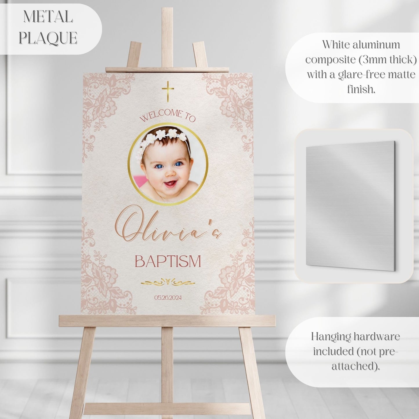 Delicate Lace Photo Baptism Welcome Sign - Magnolia Dane Co.