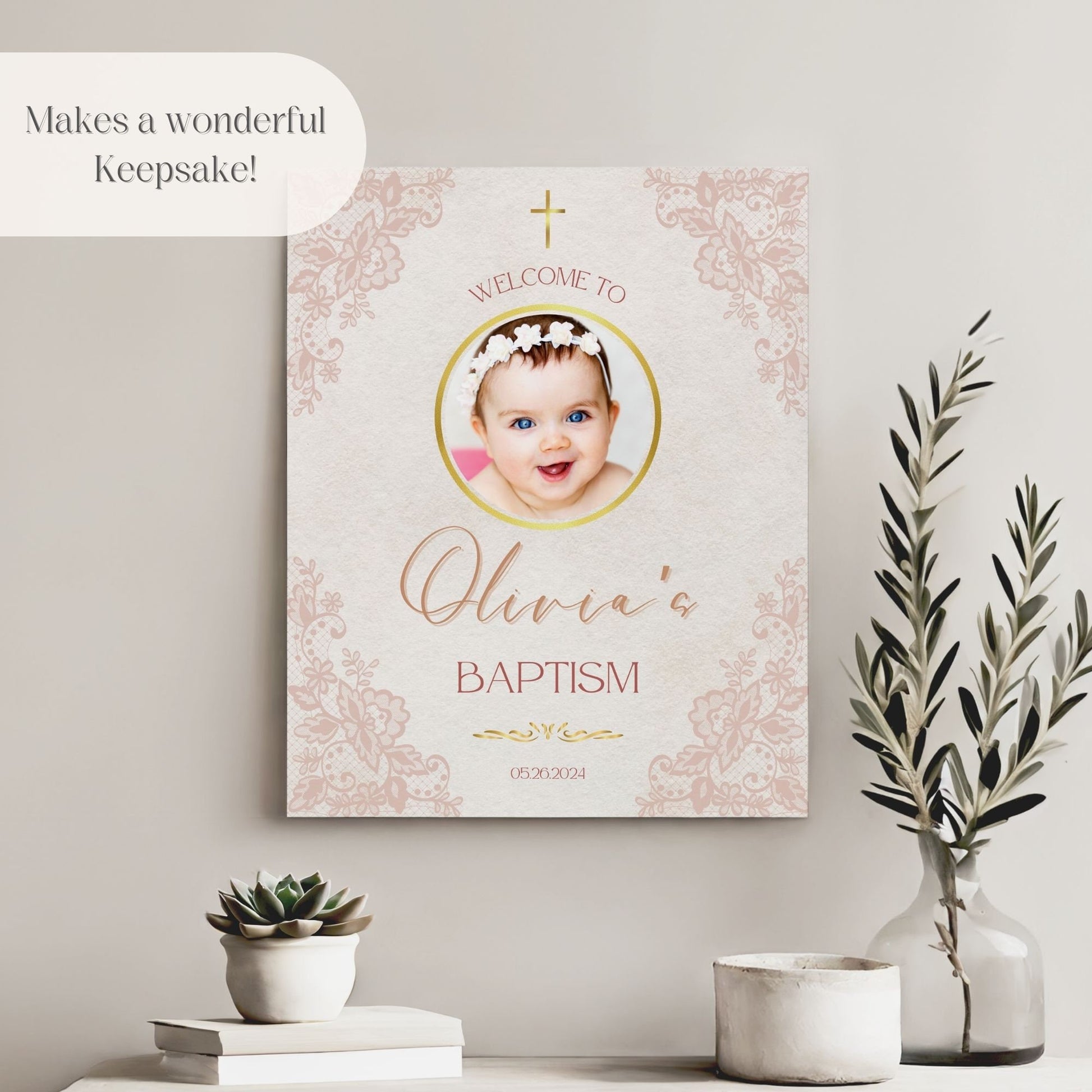 Delicate Lace Photo Baptism Welcome Sign - Magnolia Dane Co.