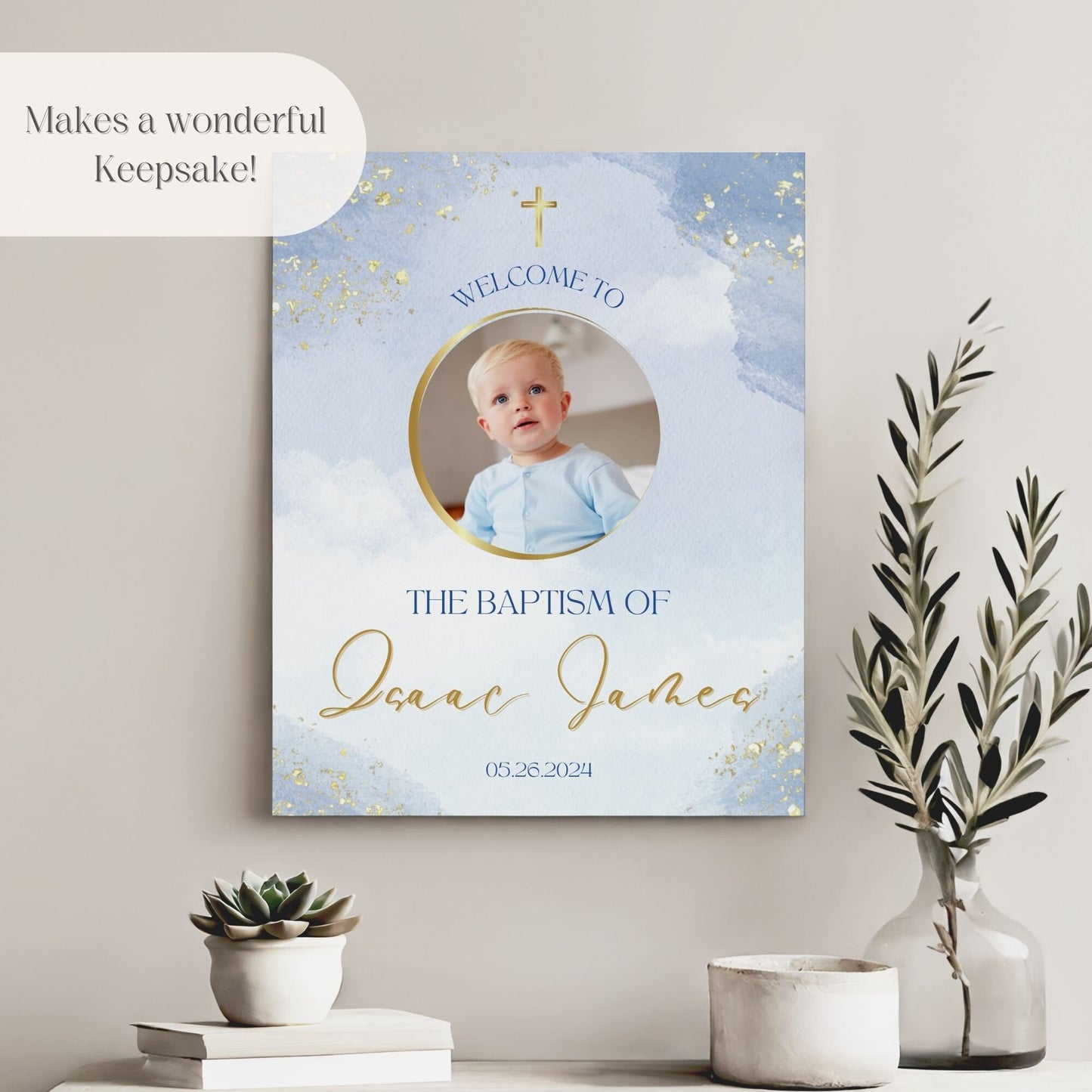 Blue & Gold Photo Baptism Welcome Sign - Magnolia Dane Co.