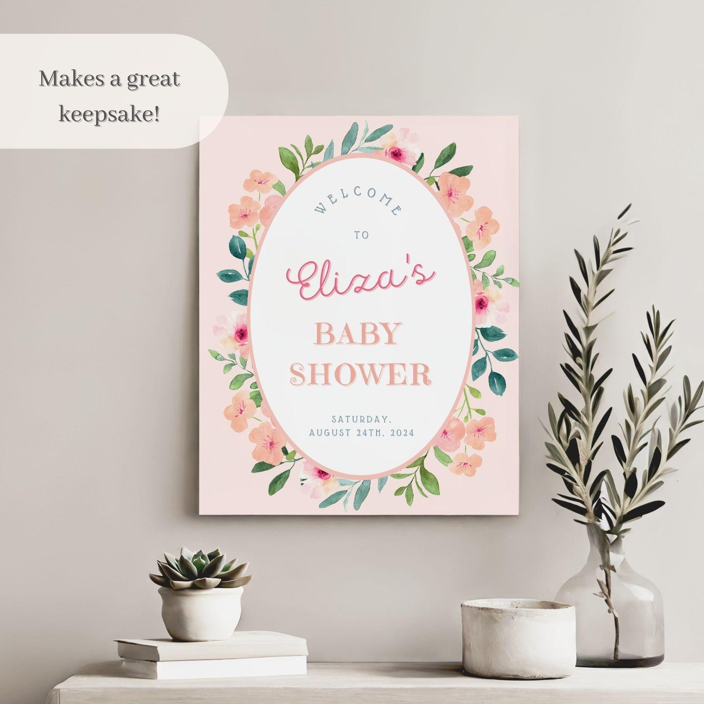 Pink Floral Oval Baby Shower Welcome Sign