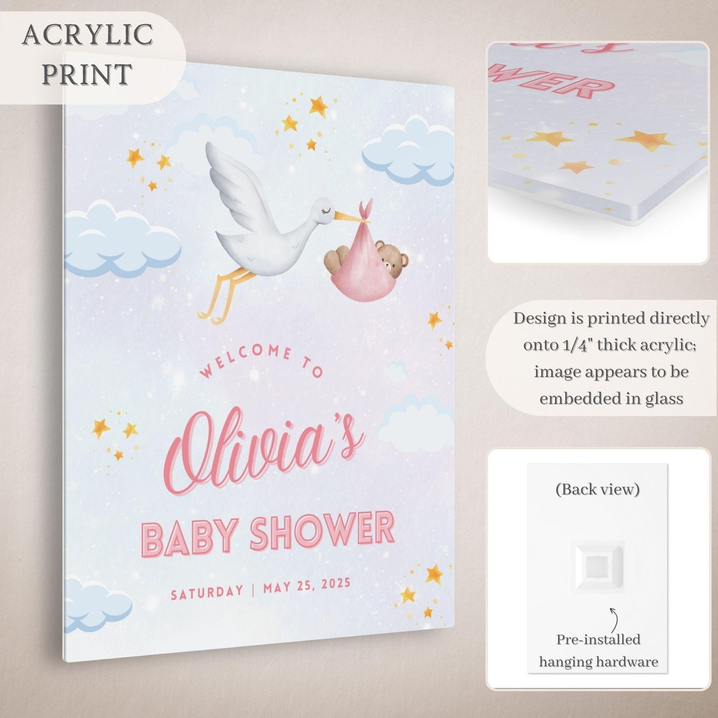 Pink Stork Baby Shower Welcome Sign