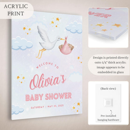 Pink Stork Baby Shower Welcome Sign