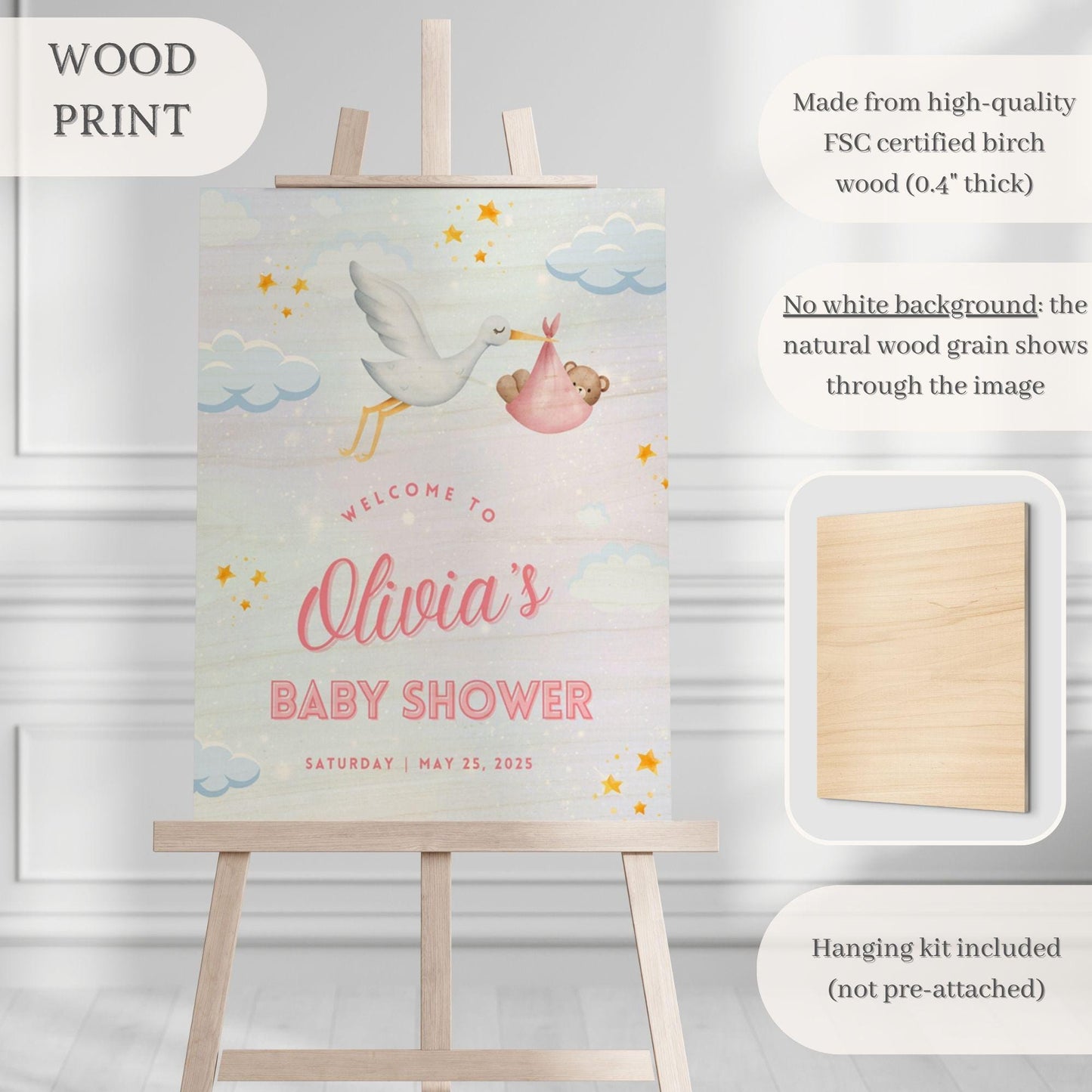 Pink Stork Baby Shower Welcome Sign