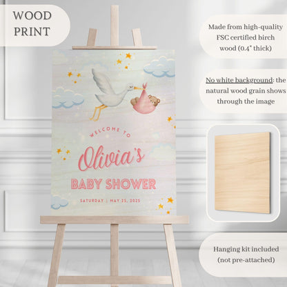 Pink Stork Baby Shower Welcome Sign