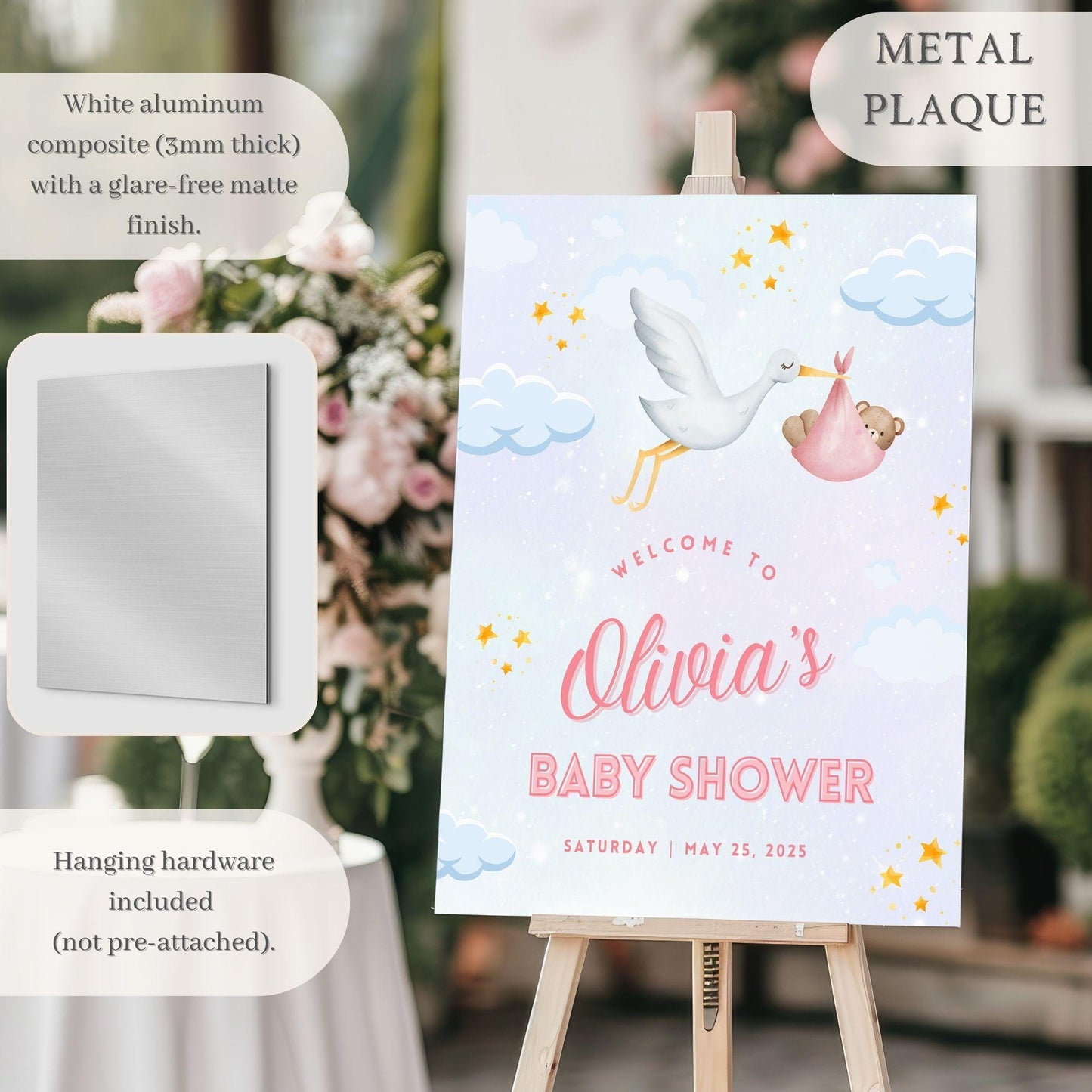 Pink Stork Baby Shower Welcome Sign