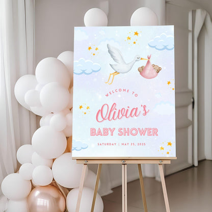 Pink Stork Baby Shower Welcome Sign