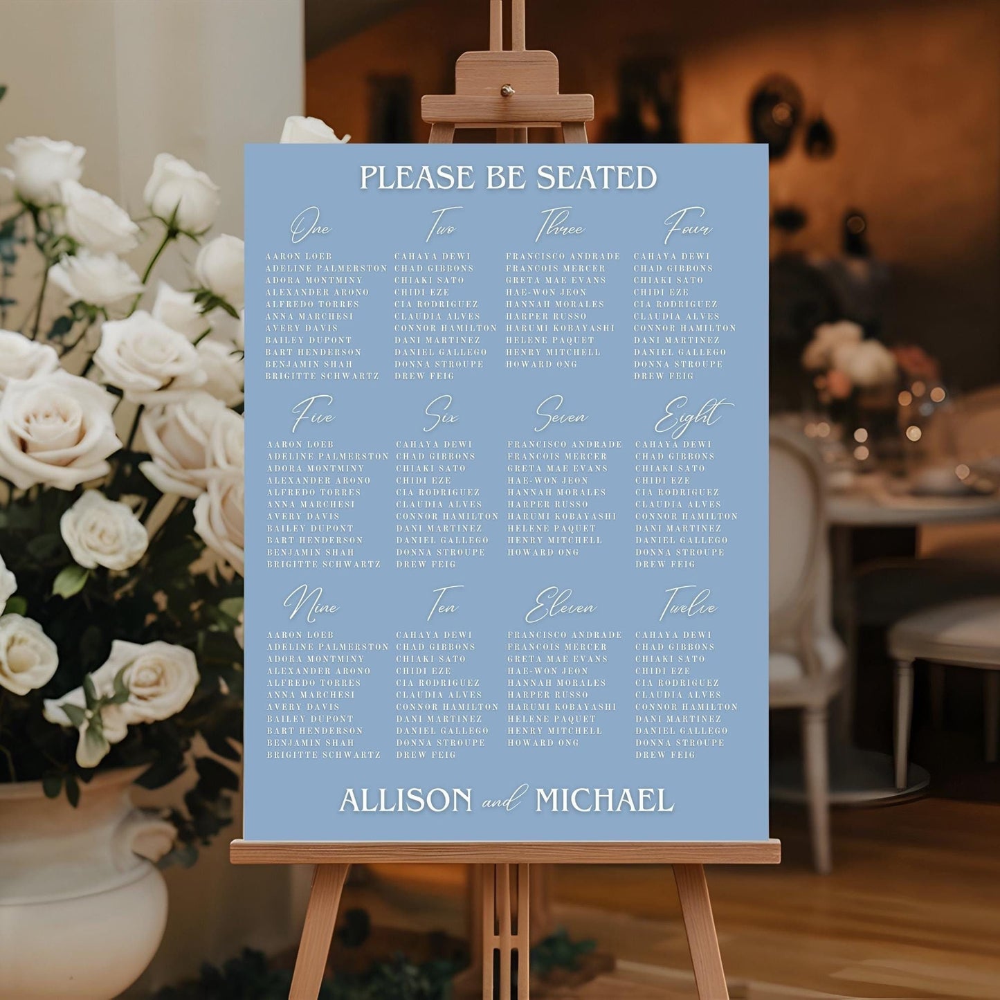 Blue Vintage Scroll Wedding Seating Chart