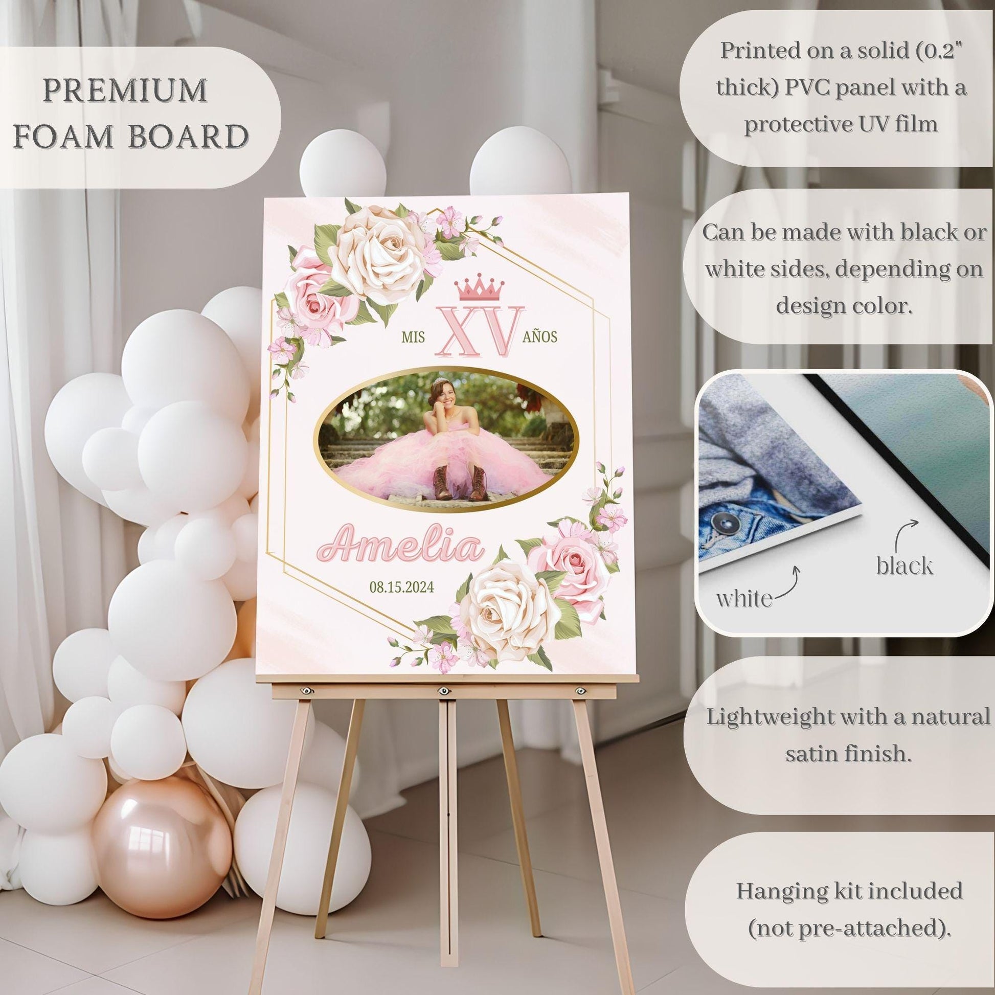 Pink Floral Custom Photo Quinceañera Welcome Sign - Magnolia Dane Co.