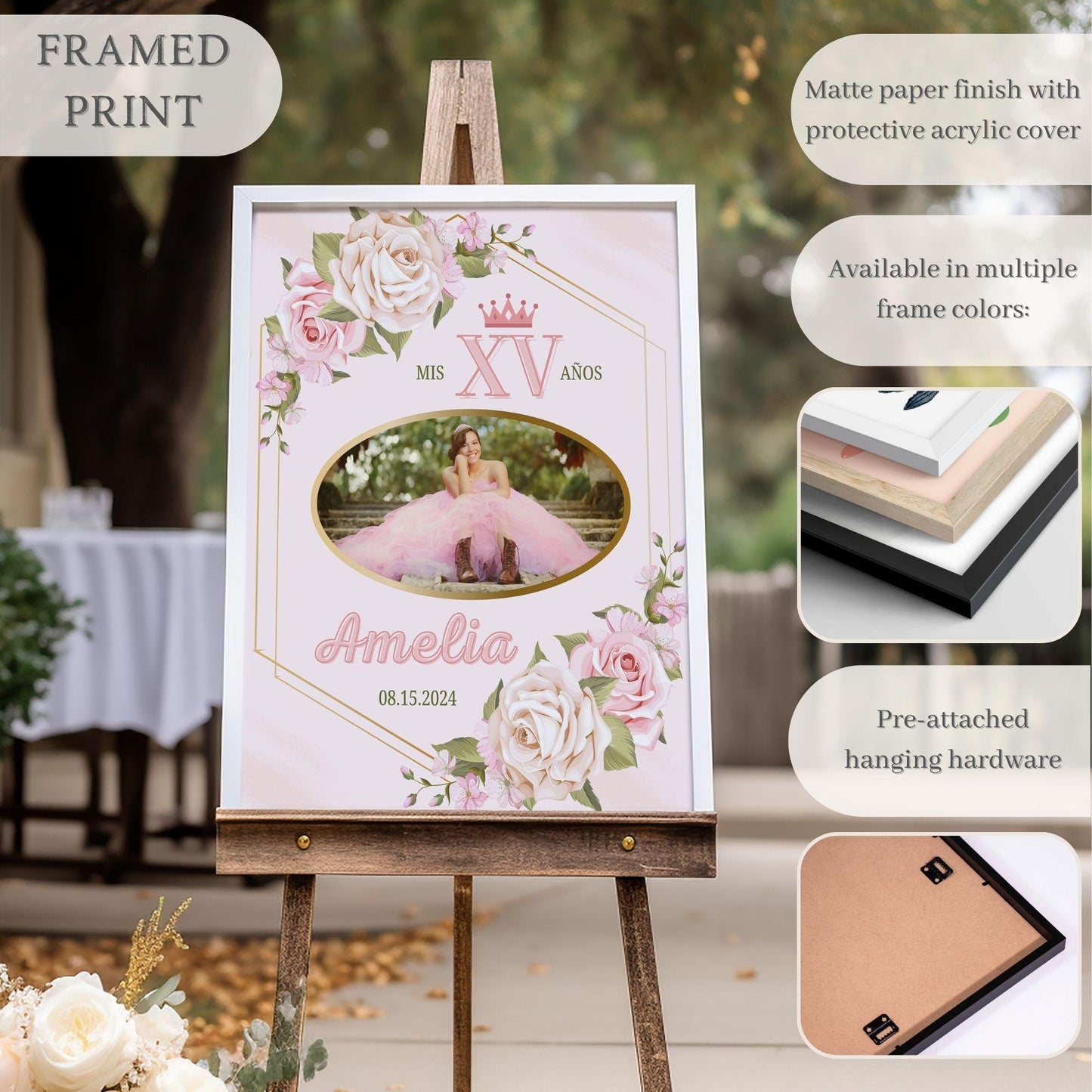 Pink Floral Custom Photo Quinceañera Welcome Sign - Magnolia Dane Co.