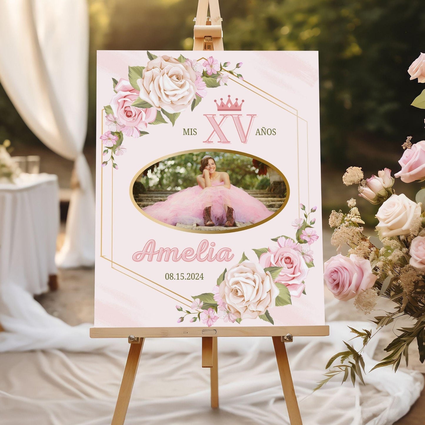 Pink Floral Custom Photo Quinceañera Welcome Sign - Magnolia Dane Co.