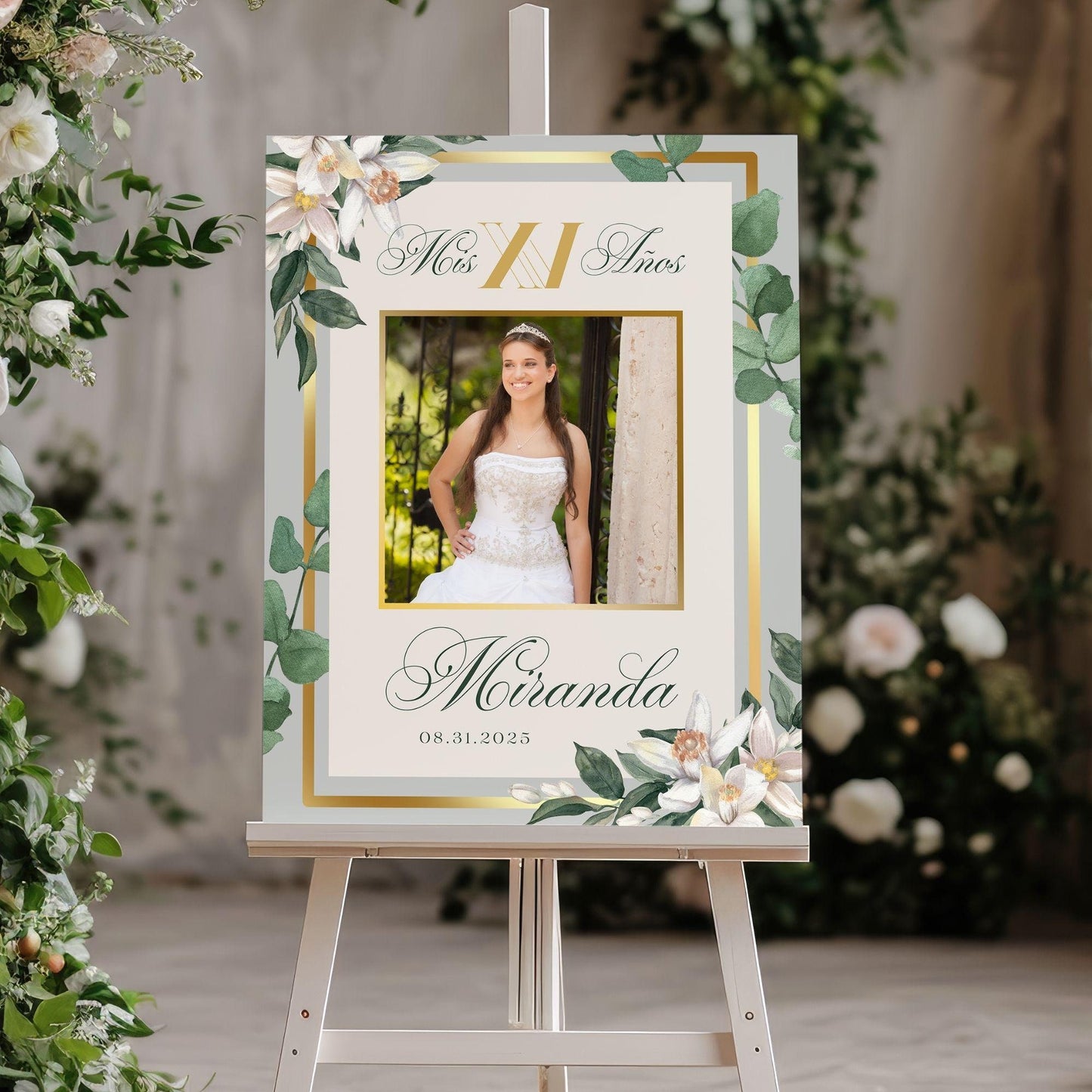 Gold Detail Custom Photo Quinceañera Welcome Sign