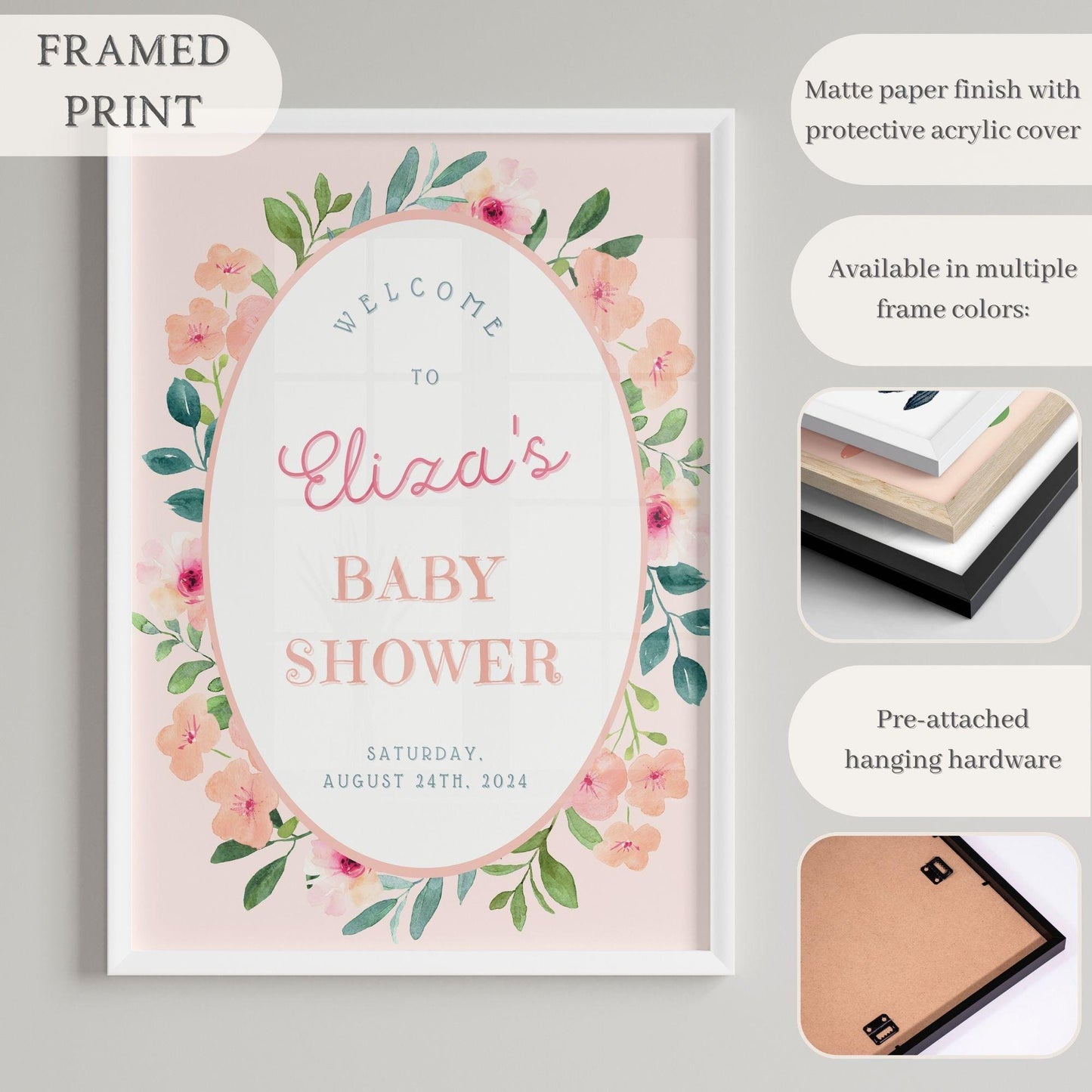 Pink Floral Oval Baby Shower Welcome Sign