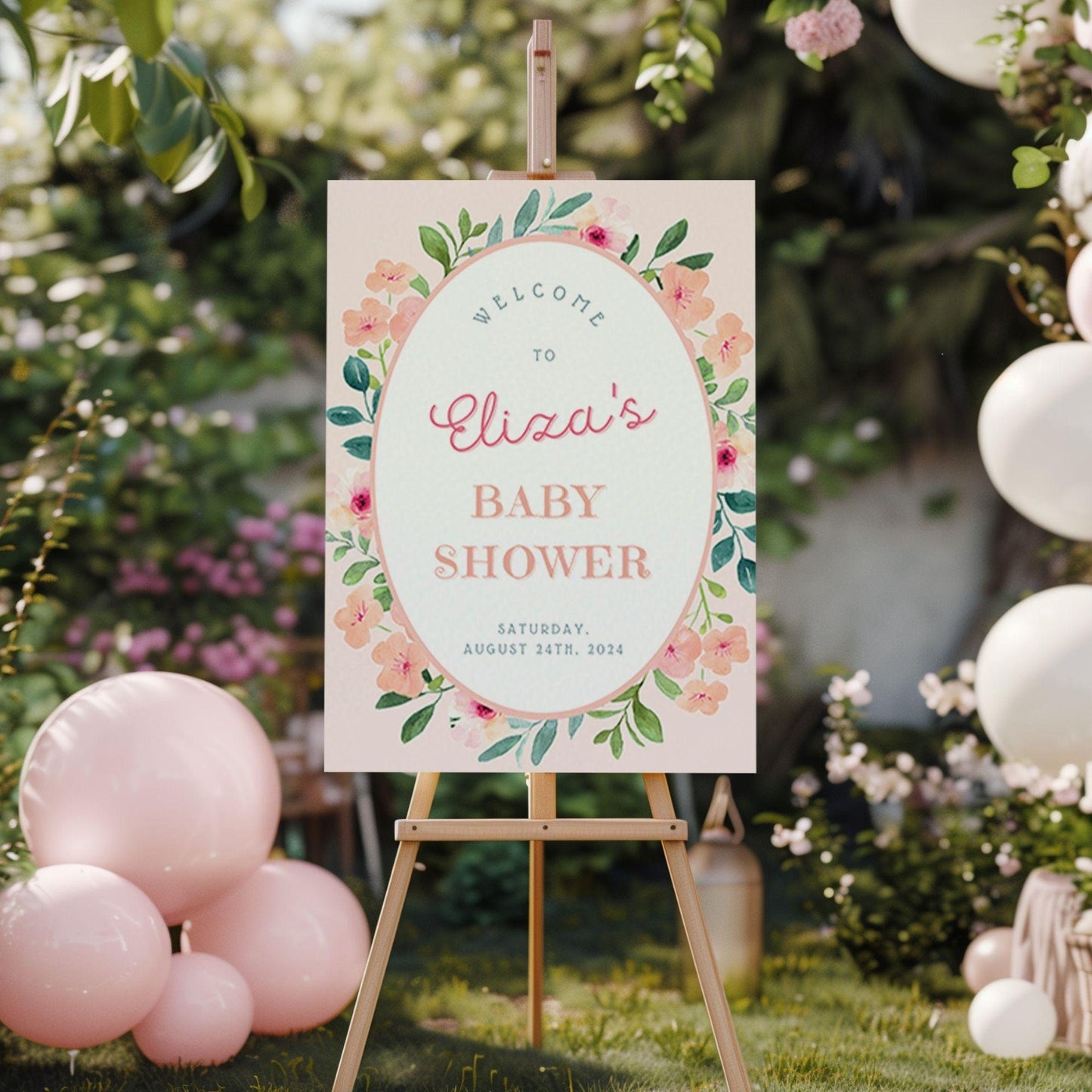 Pink Floral Oval Baby Shower Welcome Sign