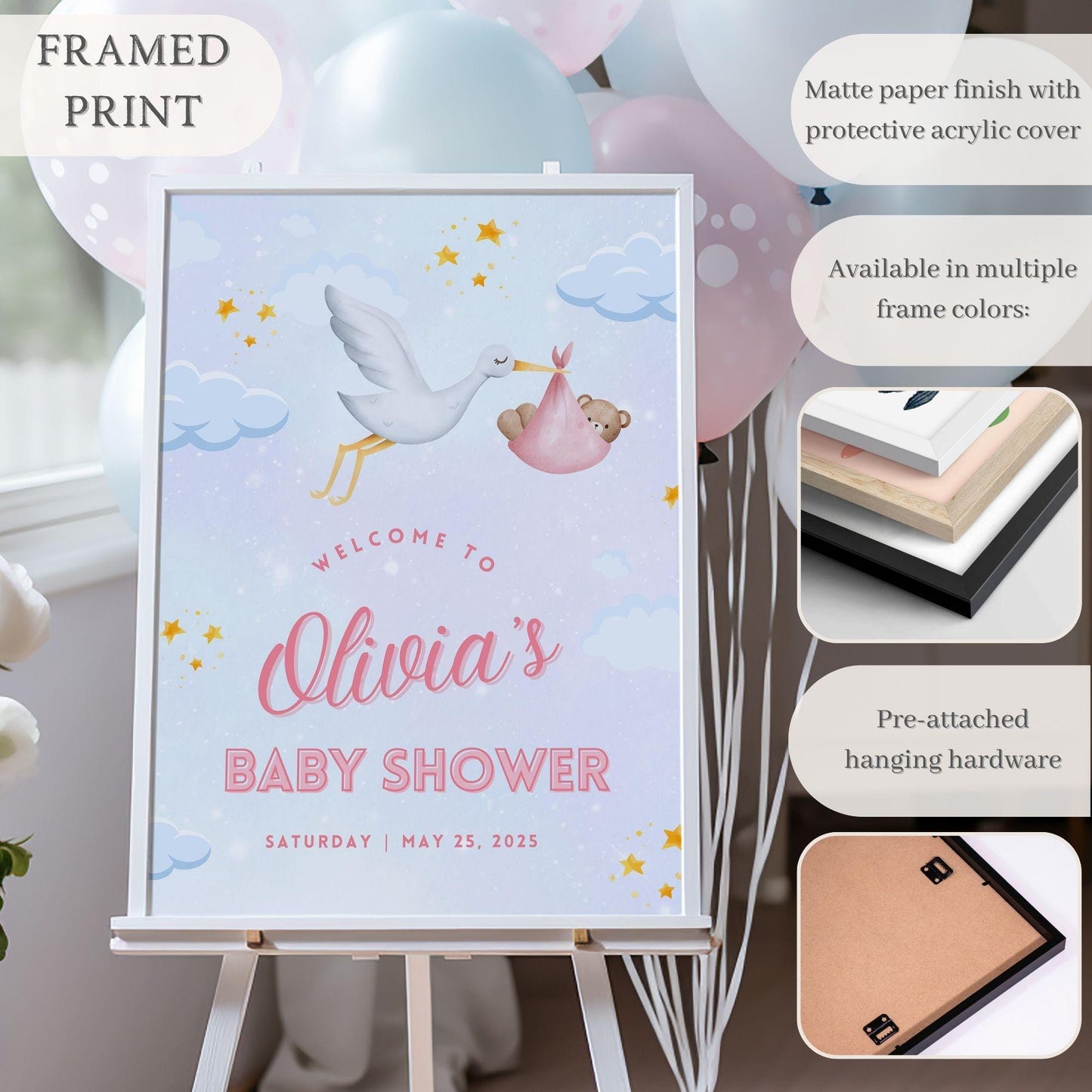 Pink Stork Baby Shower Welcome Sign