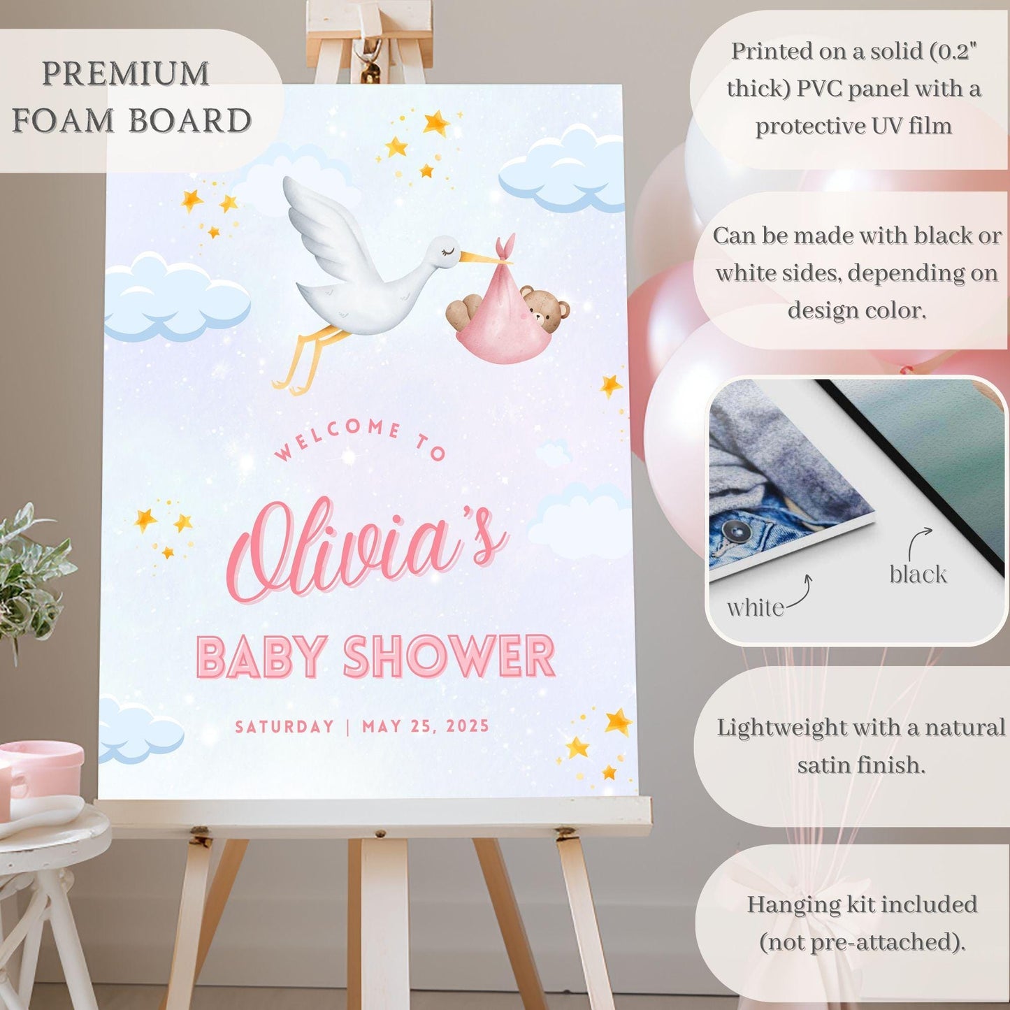 Pink Stork Baby Shower Welcome Sign